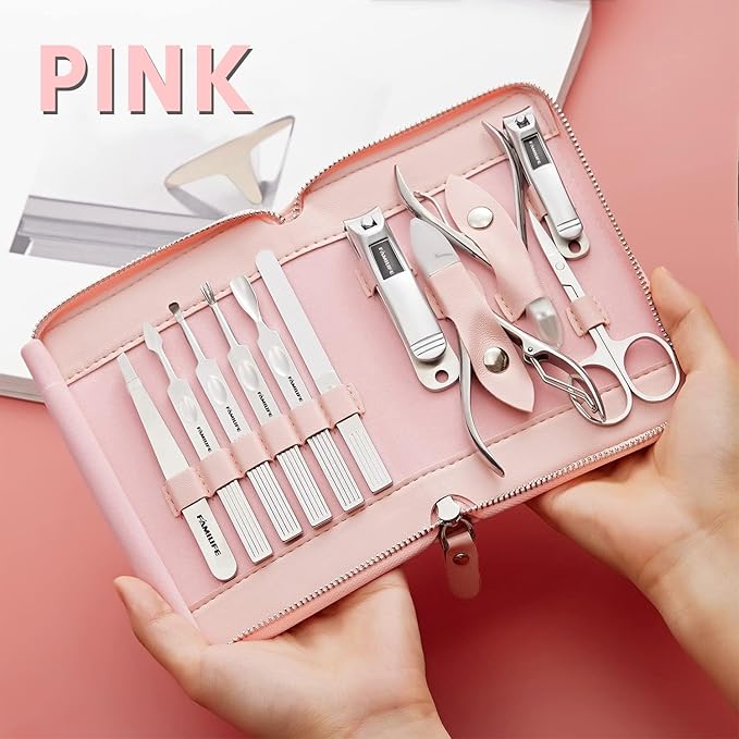 FAMILIFE Manicure Set Professional Manicure Kit Nail Kit - 11PCS Gifts For Her Nail Clippers for Women Stainless Steel Pedicure Sets Pink Leather Case