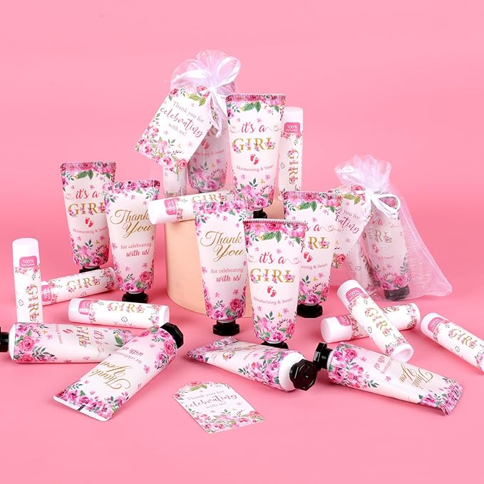 50 Pack Bulk Hand Cream and Lip Balm Gifts Sets, Baby Shower Favors and Bridal Shower Favors for Guests with Thank You Card and Organza Gift Bags, Appreciation Gifts, Wedding Party Favors (Baby Girls)