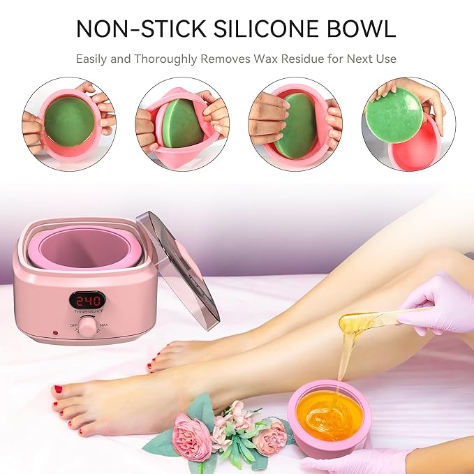 Waxing Kit for Women Men, Digital Wax Kit with Silicone Bowl & 4 Bags Hard Wax Beads, Portable Wax Warmer for Sensitive Skin Full Body Hair Removal, Brazilian Bikini, Eyebrow, Face (Pink)