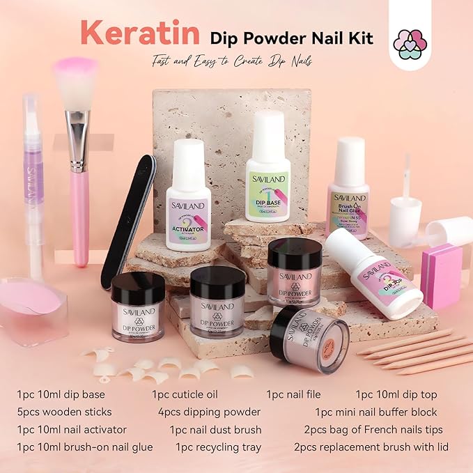 Saviland Dip Powder Liquid Set and Dip Powder Nail Kit French Nail Starter Set:12pcs Keratin Clear Nudes Glitter Nudes Dipping Powder Dip Base Top Coat Nail Activator Dip Powder Liquid Set