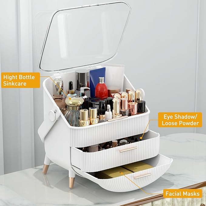 Makeup Organizer with Transparent Lid & 2 Drawers – Large Capacity Cosmetic Skincare Storage Box for Bathroom Vanity, Countertop, Bedroom – Portable and Dustproof, White (11"x7"x14")