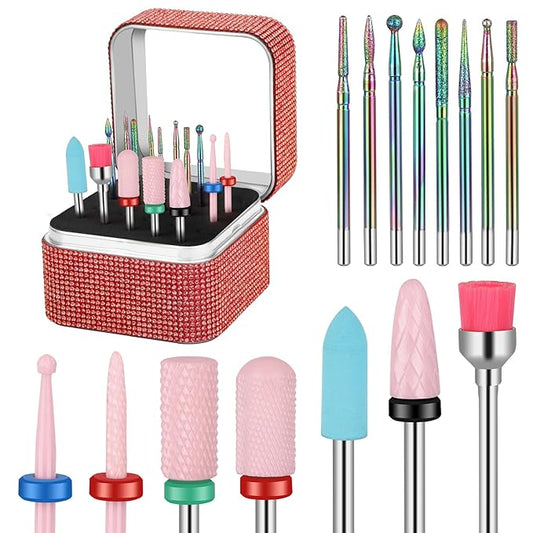15Pcs Nail Drill Bits Set with Storage Box, 3/32 Inch Tungsten Ceramic Diamond Carbide Nail Drill Bits for Acrylic Gel Polish, Cuticle Efile Remover for Manicure Pedicure