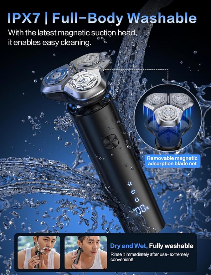 Electric Razor for Men,Men's Electric Shaver,3-Blade Rotary Shaving System,Waterproof Wet Dry Cordless Razor,Touch Switch,Type-C Fast Charging,Travel Lock,Digital Display,90+ Minutes Run Time
