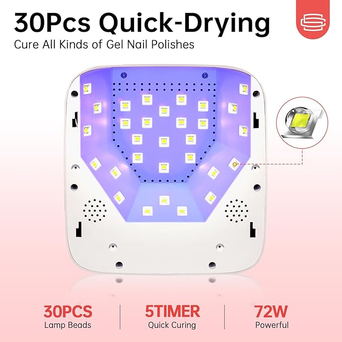 UV Light for Gel Nails, 72W Rechargeable Wireless Nail Lamp Gel Polish Light with 5 Timer Setting Professional Quick Dry Curing Lamp with Display Auto Sensor for Salon & Home, White
