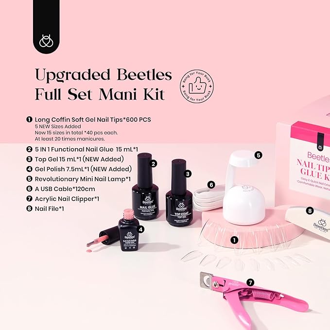 Beetles Gel Nail Kit 600Pcs Long Coffin Nail Tips with Pink Gel Polish Top Coat,15 Sizes Soft Clear Press on Nails 5 In 1 Nail Glue Uv Lamp Easy Nail Extension Set for Women
