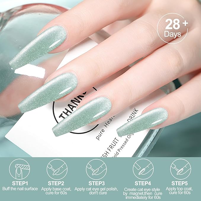 Adhere 8Pcs 12ML Color Transparent Candy Crystal Cat Eye Gel Nail Polish Kit with Magnet Jelly Color Jewelry Cat Eye Series Gel Polish Soak Off Led Nail Art Gel Manicure Salon DIY Gifts