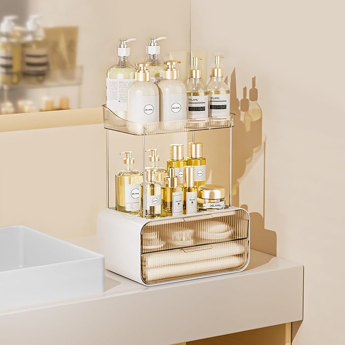 Delamu Bathroom Counter Organizer 2-Drawers 2-Tier Acrylic Makeup Organizer for Vanity Countertop, Skincare Perfume Storage, Easy Assembly, Ideal Gift for Women Amber