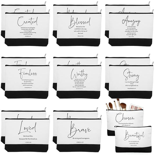 20 Pcs Christian Gifts for Women Religious Makeup Bags Cosmetic Inspirational Bible Verse Pencil Pouch with Zipper Mothers Day Thank You Church Gift Mom Travel Employee(White&black,Bible Words)