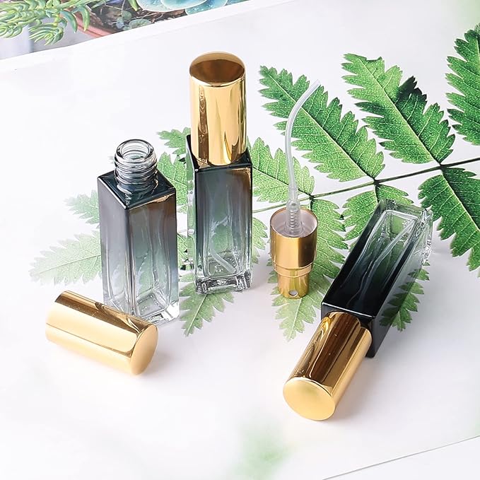 45pcs 10ml Mini Square Spray Bottle Glass Empty Spray Refillable Perfume Bottle Fine Mist Liquid Dispenser for Makeup Skin Care (Gold Cap)