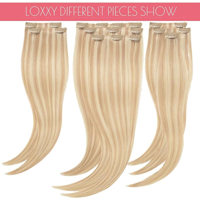 Loxxy Seamless Extensions Clip in Human Hair 20inch Hair Clip Extensions for Women Pu Weft Invisible Clip in Hair Extensions Human Hair Light Golden Brown Mixed Platinum Blonde P12/60A 150g 8pcs