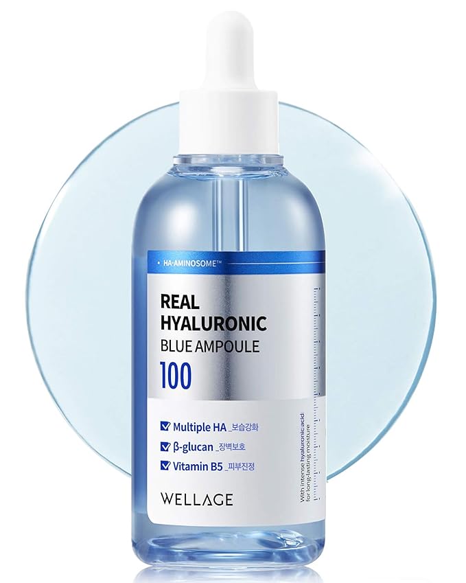WELLAGE Real Hyaluronic Blue Ampoule 100, Korean Serum, Fragrance Free Hyaluronic Acid Ampoule with Panthenol, Wild yam, Centella for Sensitive Dry Skin Moisturizer 2.54 fl.oz