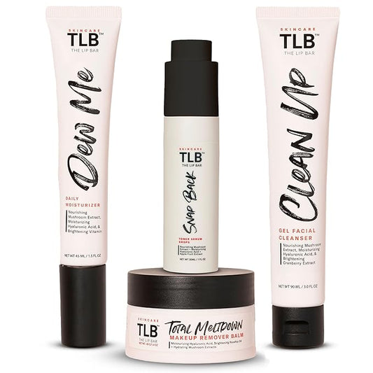 The Lip Bar Gentle Skincare Kit, with Hyaluronic Acid and Mushroom Extracts, to Nourish and Hydrate, Effective for all Skin Types, 4 Piece Set