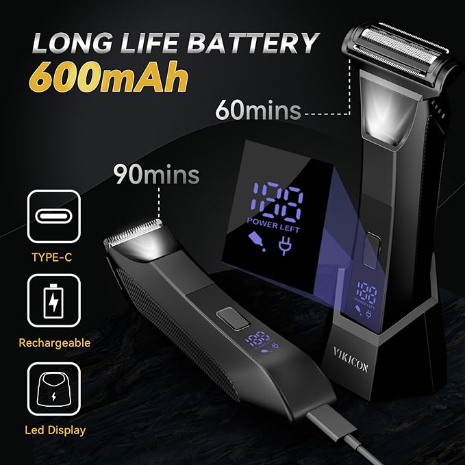 VIKICON 2-in-1 Manscape Trimmer & Shavers for Men: No-Nick Full Body Electric Razor for Pubic, Balls, Back Hair w/Dual-Head Trimmer & Foil Blades - Waterproof Groomer Kit w/Light, Travel Lock & Pouch