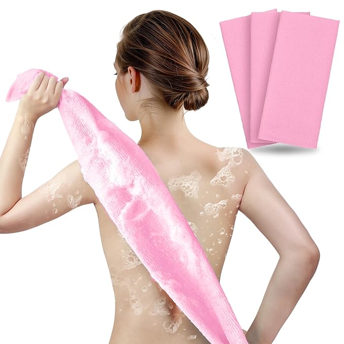ARCH&M Exfoliating Washcloth Body Scrubber Back Scrubber for Shower Japanese Beauty Washcloth Bath Wash Cloth Korean Exfoliation Luffah Towel Net Sponge Loofah Body Scrub 3 Pack (Pink x 3)