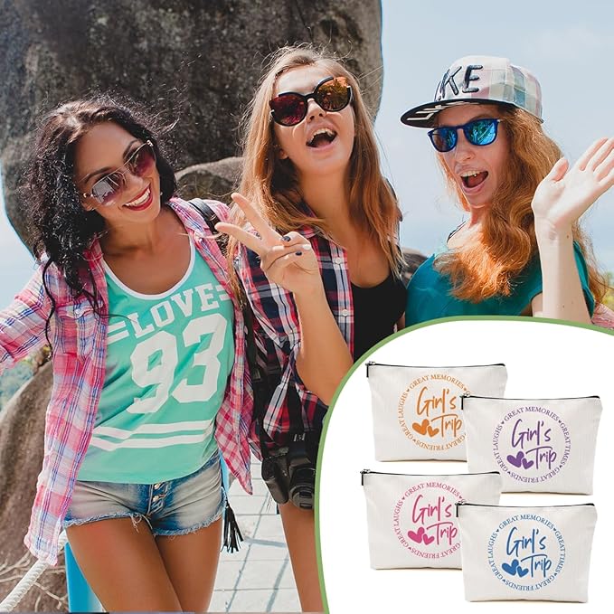 4Pcs Girls Trip Gifts Favors, Girls Weekend Gifts Makeup Bag, Bestie Gifts Weekend Bag Vacation 2025 Cosmetic Bag, Friendship Gifts for Women Friend Coworker, Graduation Wedding Gifts Toiletry Bag