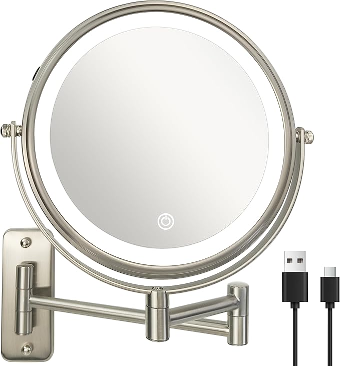 JANEEVA 8" Wall Mounted Lighted Makeup Mirror,Rechargeable Double Sided 1X/10X Magnifying Mirror with 3 Color Lights,Touch Dimmable Bathroom Vanity Mirror with 360°Swivel Extendable Arm Brushed Nickel