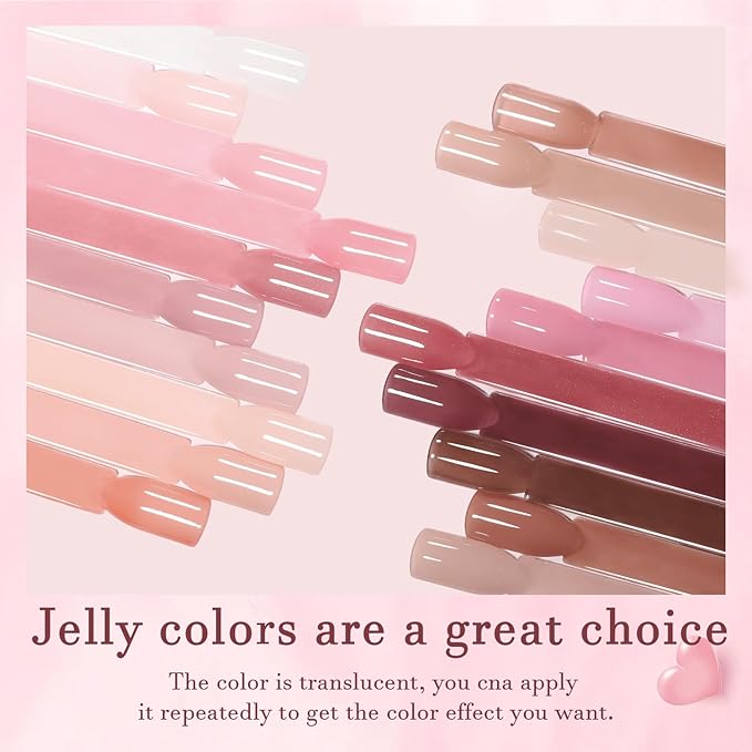Jelly Pink Gel Nail Polish Set, 20 Colors Neutral Nude Pink Sheer Glitter White Color Soak Off UV Gel Kit with Base Gel Glossy Matte Top Coat DIY Manicure Gifts