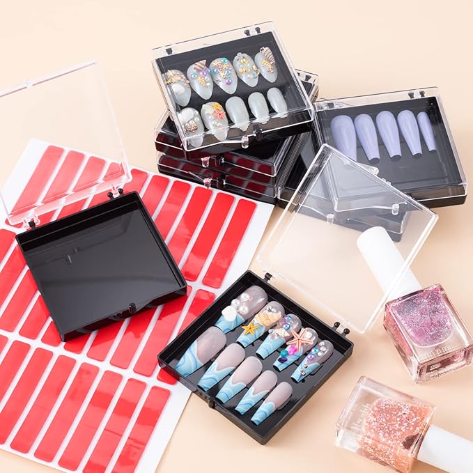 ANCIRS 25 Pack Acrylic Nail Storage Box for DIY Press-on Nails Holder & 60pcs Double Sided Adhesive Nail Display Tape, Artificial Nail Stand Packaging Organizer Case & Fake Nail Tip Tapes for Nail Art