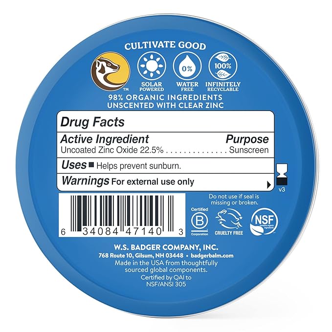 Badger Reef Safe Sunscreen Tin, Unscented SPF 40 Sport Mineral Sunscreen, 98% Organic, 80min Water Resistant Travel Size Hawaii Approved, 2.4 oz Tin