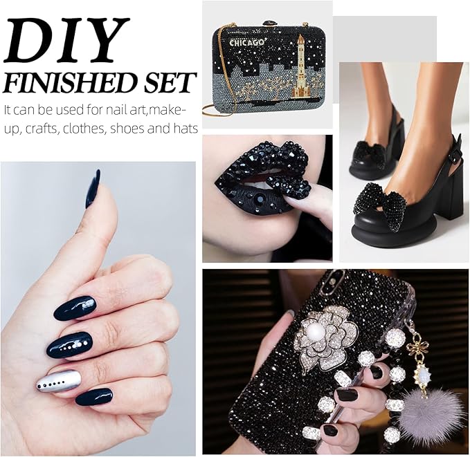 Black Flatback Rhinestones, Glass Rhinestones for Nail Art and Craft, Glue Fix, Loose Crystal Gemstones(Black, SS30, 576pcs, 6.4-6.6mm)