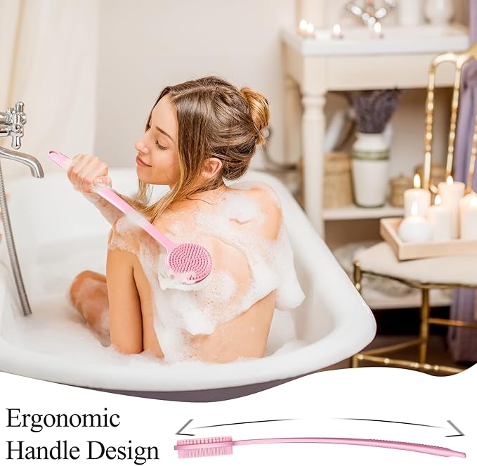 VWMYQ Silicone Back Scrubber for Shower, 17in Lengthen Long Handle Body Brush, Double Sided Shower Brush for Shower Exfoliating and Massage Can Produce Rich Foam, Long Handle Back Scrubber for Men