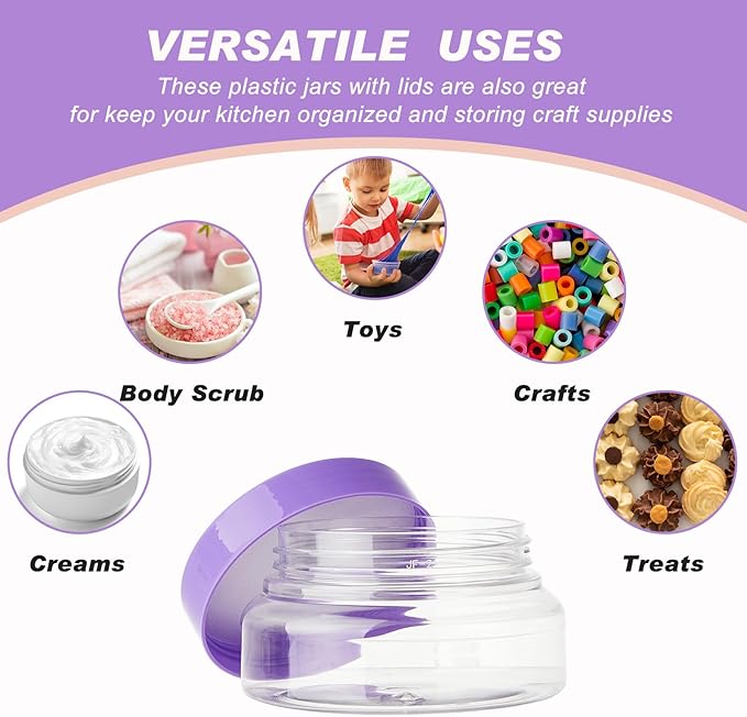 Tessco 24 Pack Plastic Jars with Lids Labels Empty Clear Plastic Jars Round Refillable Cosmetic Containers Body Butter Containers Bulk Sugar Scrub Bottle for Make Up(5 oz,Clear, Purple)