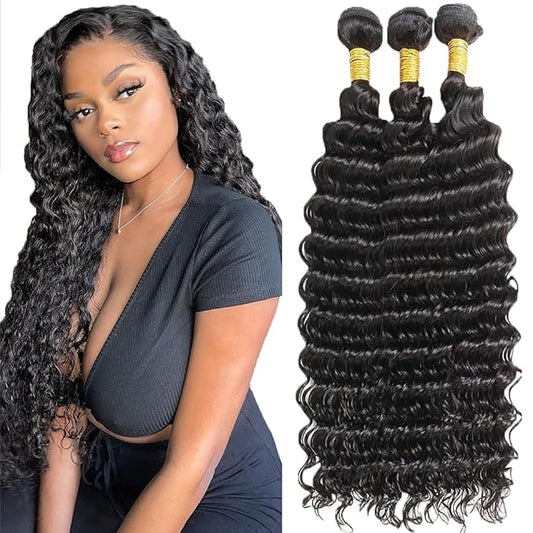 #1B Loose Deep Wave Bundles Color 1B Deep Wave Human Hair Bundles 8a Grade Double Weft Weave Extensions Brazilian Human Hair Wet and Wavy Soft Silky for Black Women 24 26 28 Inch