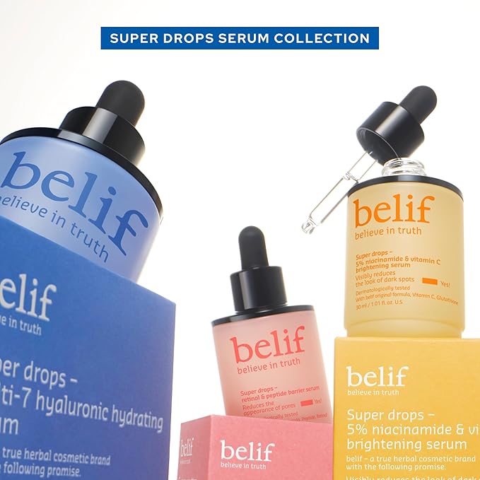 belif Discover Glowing Skin Mini Kit: Peptides Firming Serum, Multi7-Hyaluron Hydrating Serum, Vitamin C Serum, Super Drops Trial Set, Hyaluronic Acid, 5% Niacinamide, Retinol, Korean Skin Care