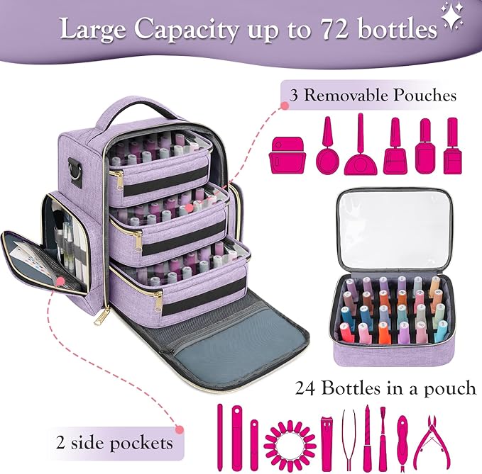 YOREPEK Nail Polish Organizer Holds 72 Bottles, Large Capacity with 3 Removable Pouches and 4 Zippered Pockets for Manicure Tools, Supplies, Nail Lamp, Gift for Women