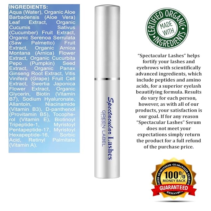 Eyelashes & Eyebrows Growth Products. Eyelash Growth Serum & Eyebrow Enhancer: “Spectacular Lashes”. Green Label Cosmetics