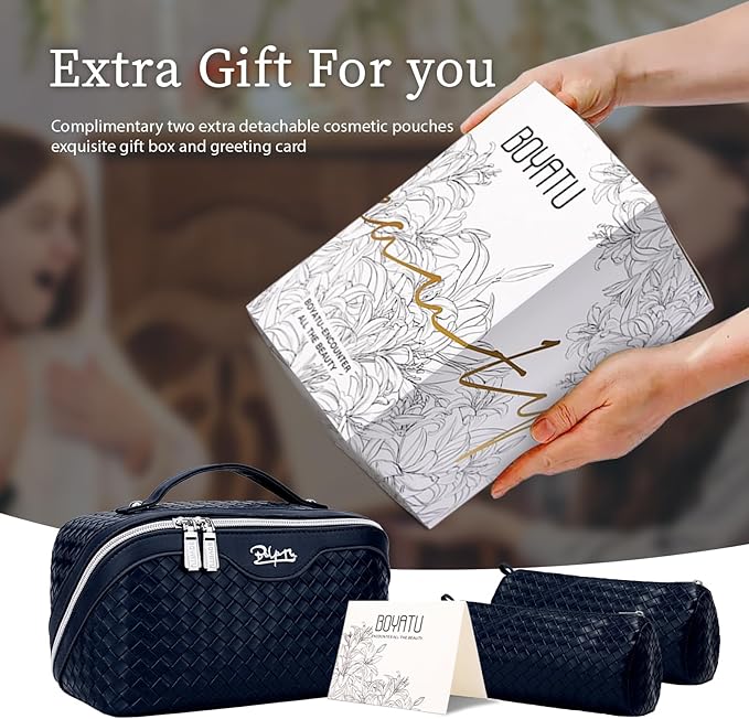 BOYATU Travel Makeup Bags for Women: Large Make up Bag Set of 3 - PU Leather Toiletry Bags - Portable Cosmetic Bag with Divider & Handle (L15 Dark Blue)