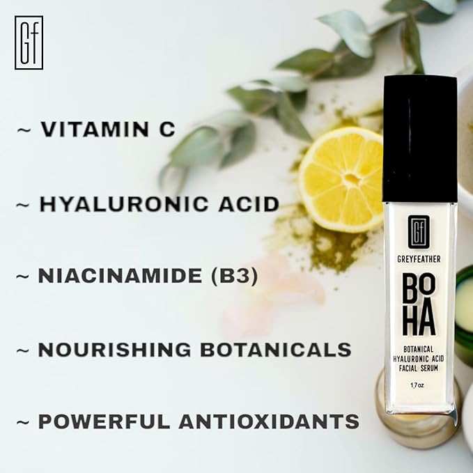 Greyfeather Hyaluronic Acid Serum for Face β Hydrating, Brightening & Anti-Aging Formula with Vitamin C, Niacinamide, Aloe & Botanical Extracts β Natural, Skin-Loving Serum for Radiant Glow (1.7 oz)