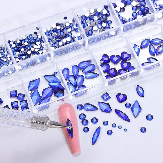 1000Pcs 12Gird Box Multi Size AB/Colorful Irregular Rhinestones Flatback Crystal Diamond Gems, with Pick Up Tweezers and Picker Dotting Pen for Nails, Makeup