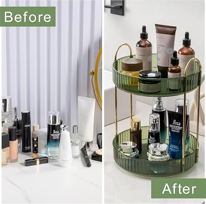360° Rotating Makeup Organizer, Bathroom Make Up Spinning Holder Rack, Large Capacity Cosmetics Storage Vanity Shelf Countertop, Fits Cosmetics, Perfume, Skincare, Lipsticks(2 Tiers, Green)