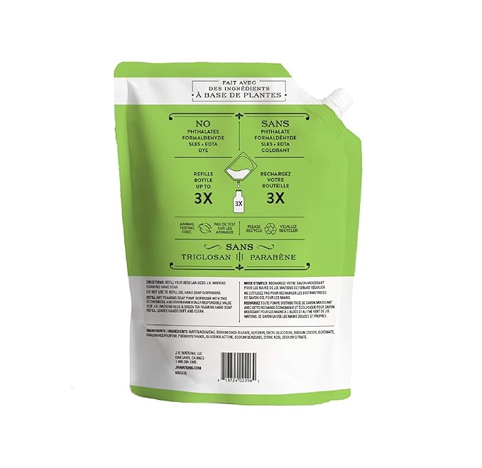 J.R. Watkins Foaming Hand Soap Refill Pouch, Scented Foam Handsoap for Bathroom or Kitchen, USA Made and Cruelty Free, 28 fl oz, Aloe & Green Tea, 2 Pack