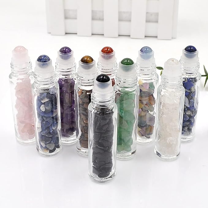 Essential Oil Roller Bottle EVA Carrying Travel Case and 10pcs Essential Oil Gemstone Roller Ball Bottles Glass Inside 10ml Healing Crystal Chips W3475