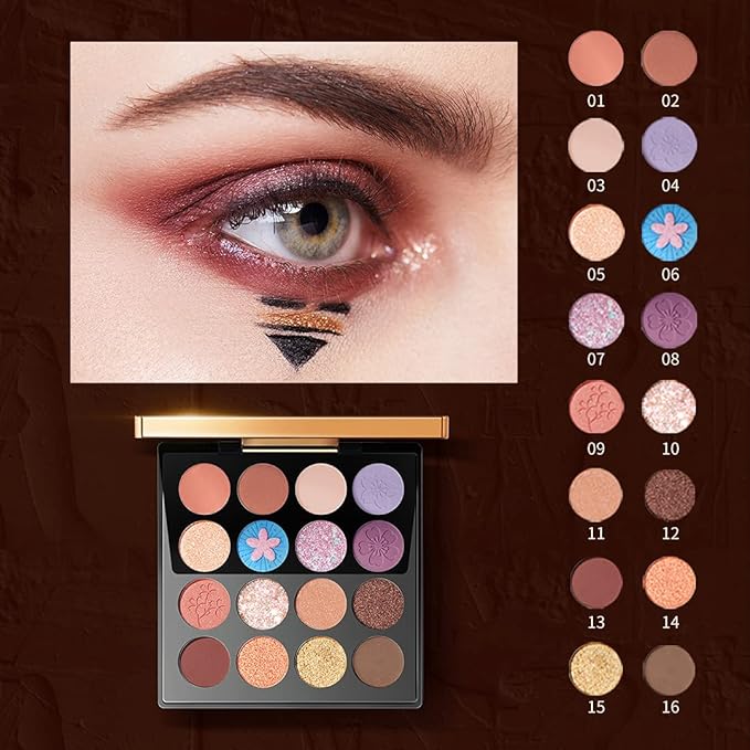 zeesea Egypt Eyeshadow Palette Maya Collection, Matte Shimmer Glitter Blendable High Pigmented 16 Shades Eye Makeup Palette (#08 CHERRY BLOSSOMS)