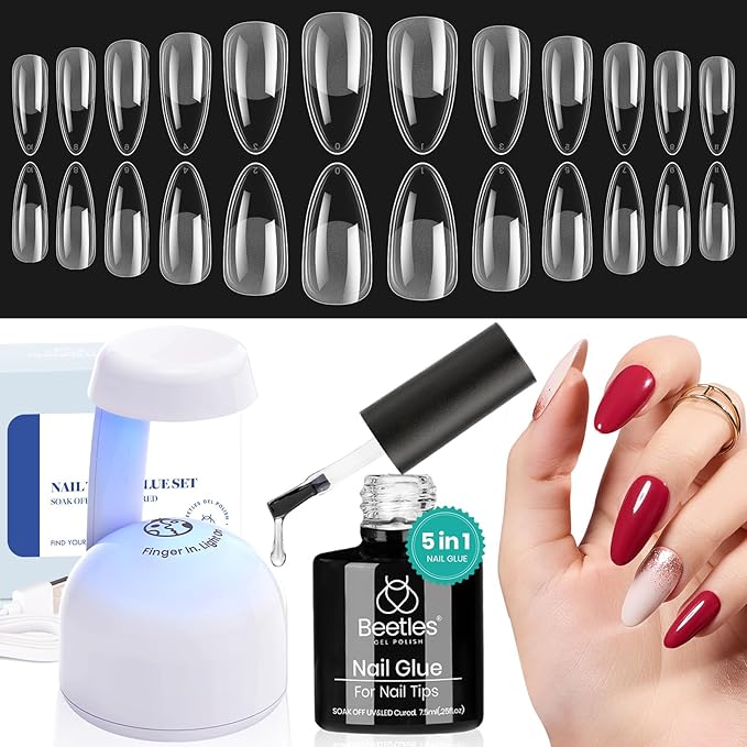 Beetles Gel Nail Kit Easy Nail Extension Set Etch X Nail Tips 500Pcs Half Matte Pre-filed Medium Almond Nail Tips with 5 in 1 Mutipurpose Glue Gel Base Uv Led Nail Lamp DIY Manicure Art