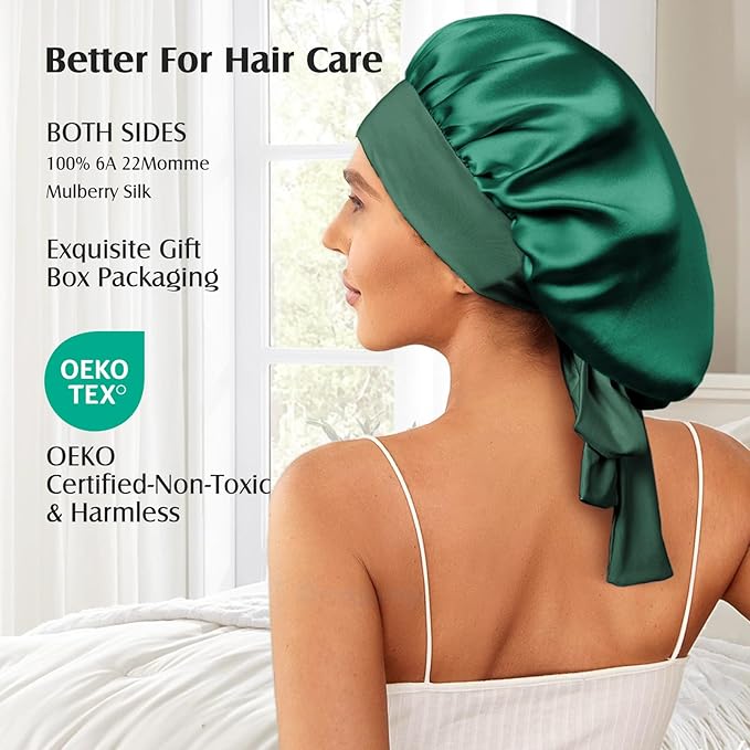 YFONG 100% 22 Momme Mulberry Silk Bonnet for Sleeping Women, Larger Double Layer Silk Hair Wrap for Curly Short Long Hair, Non-Slip Sleep Cap Turban with Elastic Tie Band for Hair Care, Green