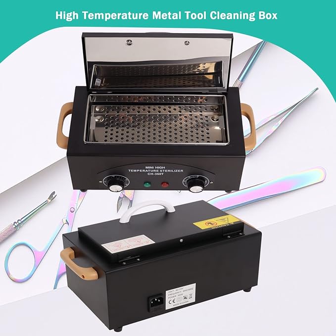 Sterilizer for Nail Tools High Temperature Metal Cleaning 2L Tattoo Equipment High Temp for Spa Salon Barber Shops Salon Hairdressing Tool Earrings Dry Heat Multi-functional with Timer Manicure Black