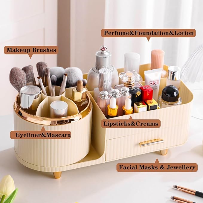 Rotating Makeup Organizer for Vanity with Brush Holder and Drawer, Cosmetic Makeup Storage, Large Spinning Makeup Skincare Organizer, Countertop Makeup Perfume Organizer, Lotions Display Case (Ivory)
