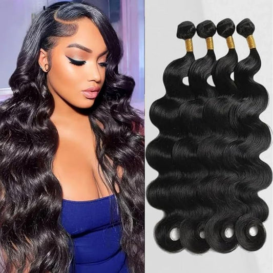 12A Human Hair Body Wave Bundles - 100% Unprocessed Brazilian Virgin Hair Extensions - 4 Bundles Natural Black Real Human Hair (20 20 22 22 Inch)