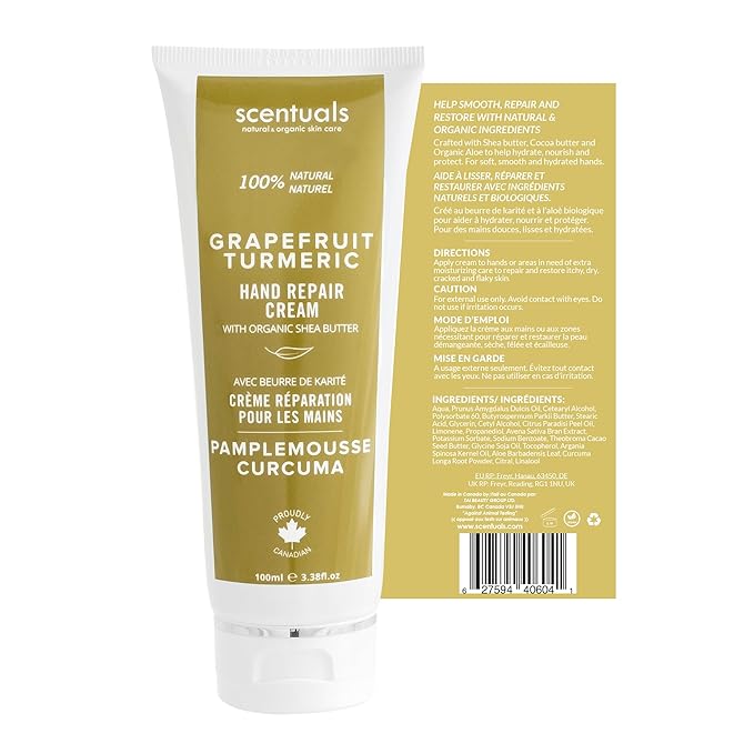 Hand Cream with Grapefruit Turmeric Essential Oil, Shea Butter, Cocoa Butter, Argan & Almond oil, Vitamin E and Aloe Vera, for Moisturizing Dry Hands, Natural Skin Care, 100 ml, 3.4 fl.oz