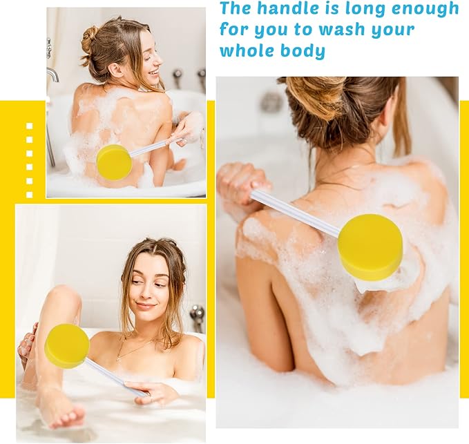 3 Pcs Long Handle Bath Sponge 22.4'' Back Sponge on a Stick Lightweight Back Washer Handled Butt Scrubber Shower Brush for Foot Body Cleaning Bathing Limited Motion, Yellow(Round Style)
