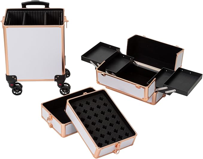4 in 1 Portable Traveling Aluminum Professional Makeup Trolley Cart with Multiple-Sized Compartments and Wheels (Gold with White)