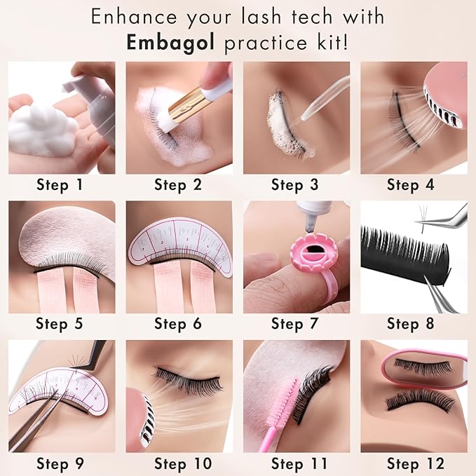 Lash Extension Practice Kit, Eyelash Extension Training Kit for Beginners, Professional Eyelash Mannequin Head Set with Lash Fan, Lash Shampoo, Lash Adhesive, Glue Rings and Lash Mirror