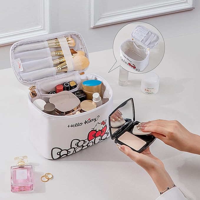 AmBealla Travel Makeup Bag Large Cosmetic Bags with Brush Holder,White Waterproof 2PCS Portable Cosmetic Case for Women, Toiletry Storage Bag for Skincare & Beauty Tools for Girls