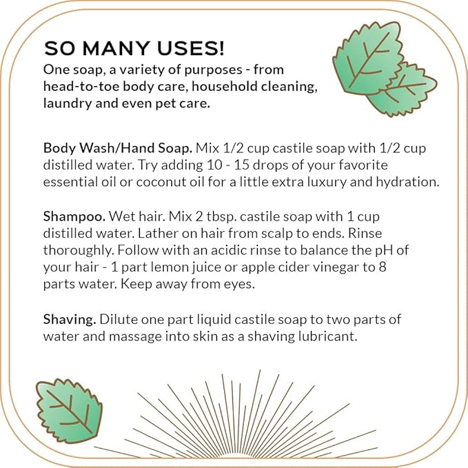 Quinn's Pure Castile Organic Peppermint Liquid Soap 32 oz Alcohol Free Rose Witch Hazel with Aloe Vera 16oz