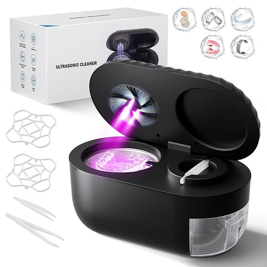 Ultrasonic Retainer Cleaner with Cleaning, Pumping, and Air-Drying Functions, 45kHz Retainer Cleaner Machine, 200ml Denture Cleaner for Dentures, Mouth Guards, Braces, Toothbrush Heads, Jewelry(Black)