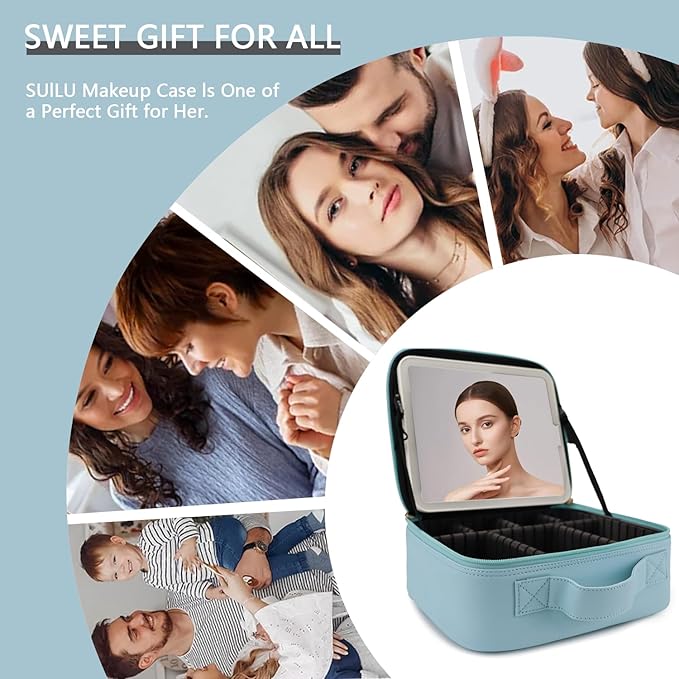 Travel Makeup Bag with LED Lighted Mirror,Cosmetics Organizer, Makeup Bag with 3 Color Lighted Setting, Portable Storage and Adjustable Dividers Travel Makeup Bag(baby blue)